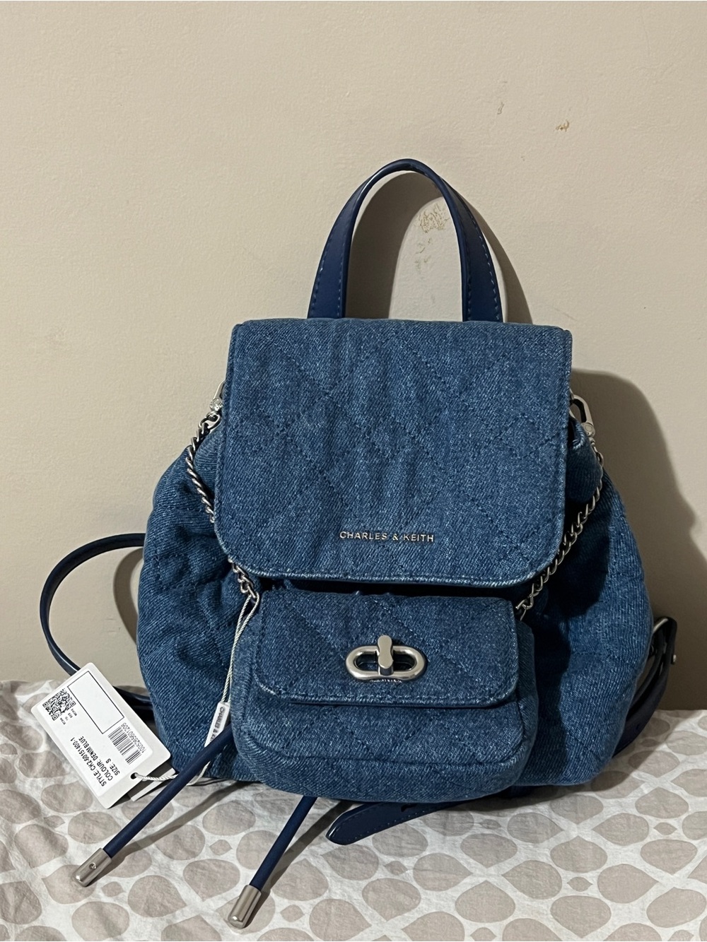 Charles & Keith Navy Denim Quilted Mini Backpack with Chain Detail
